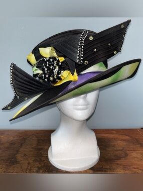 Susanna Women’s Hat Black Wide-Brim Floral Rhinestone Accents Derby Church